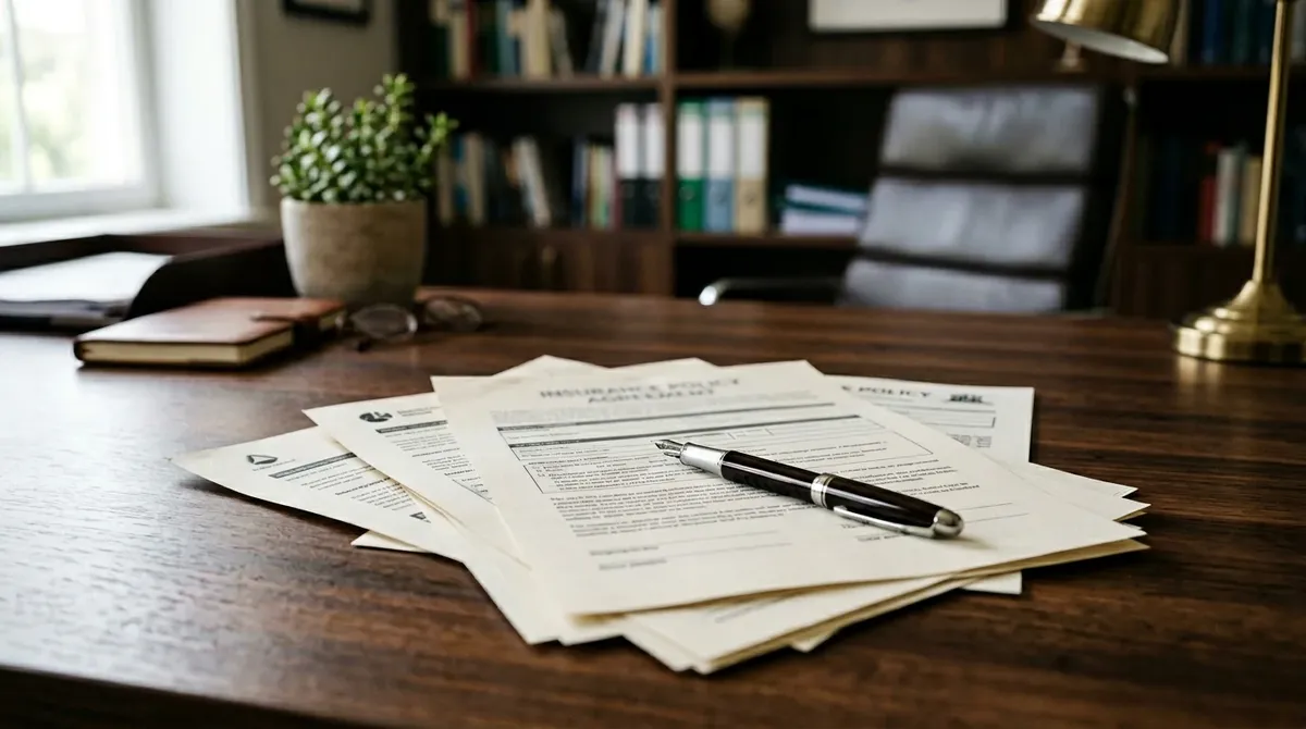 Dokumenty ubezpieczeniowe i notatki na biurku w ciemnym wnętrzu